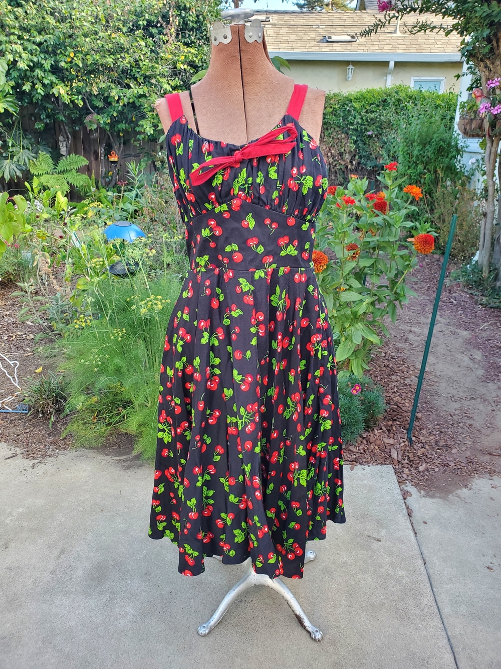 Pinup Couture Black Cherry Print Midi Dress with Red Straps